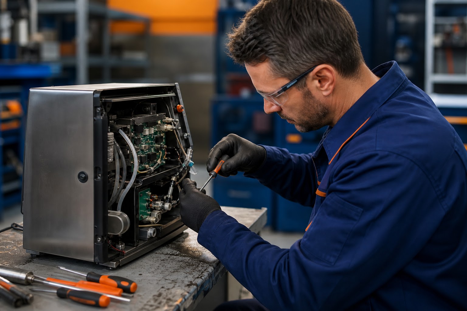 Servisný technik opravuje popisovacie zariadenie